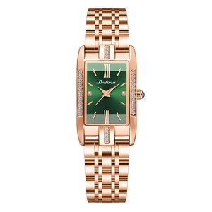 Elegant rose gold square watch for women with green sunray dial and diamond accents
