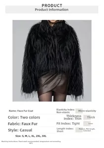 Detail view of black faux fur coat specifications, sizing chart, and washing instructions
