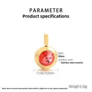 Macro detail of red glass stone pendant in gold stainless steel with 24x15.5mm size specs