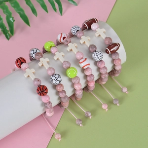 Pink zebra stone basketball and cross woven adjustable sports bracelets for women