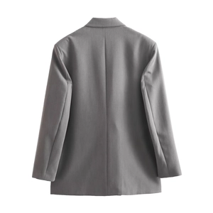 Back view of a casual grey blazer for women with a smooth fabric finish and clean cut