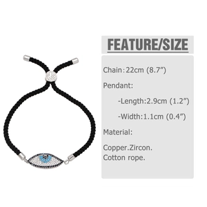 Close-up of woven bracelet featuring evil eye zircon pendant and 22cm size details