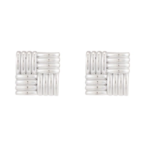 Square silver stainless steel earrings with unique woven texture on white background