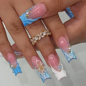 Faux Ongles À Presser Longs Cercueil Faits Main Avec Fleurs En Relief 3D Et Künstliche Perles Style Français Bleu Rose Blanc