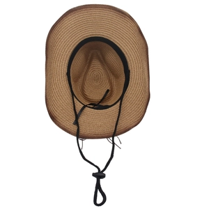 Top view of dark brown woven straw cowboy hat with black adjustable chin strap