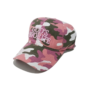 Detailed close-up of 3D embroidered God's Favorite text on pink camo baseball cap