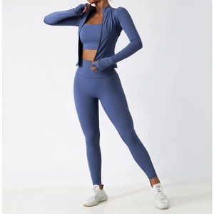 Ensemble de yoga 3 pièces avec veste zippée et legging taille haute bleu brume