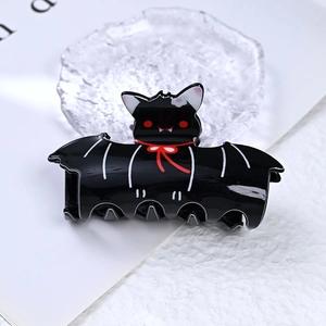 Pince à cheveux chauve-souris brillante avec oreilles de chat et nœud rouge Halloween