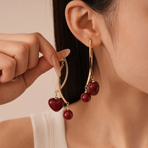 Vintage heart and cherry pearl drop earrings with golden twisted bars for women