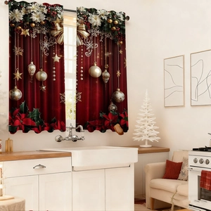 Detail view of deep red Christmas curtains featuring poinsettias and golden ornaments