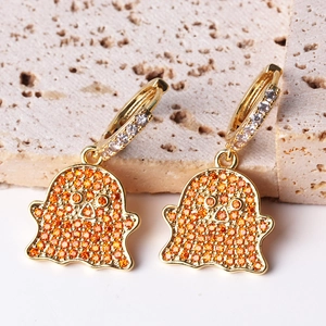 Cute Ghost Drop Huggie Hoop Earrings Brass With Orange Cubic Zirconia Sparkling Halloween Jewelry Gift For Women