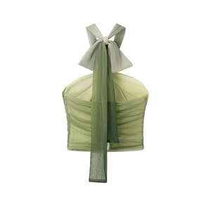 Women's sexy green gradient tube top featuring pleated mesh fabric and back bow tie