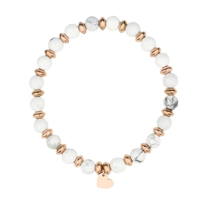 Bracciale fatto a mano con perle marmorizzate, distanziatori oro rosa e ciondolo cuore