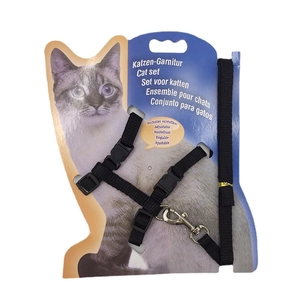 Adjustable black nylon H-shape cat harness and leash set displayed on retail packaging