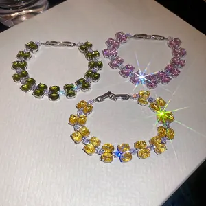 Double-layered oval zircon bracelets in yellow, pink, and emerald green with H-link chain
