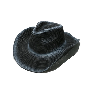 Top view of a black woven cowboy hat with curved wide brim and textured straw detail