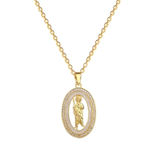 Collier à pendentif ovale doré avec portrait en nacre et bordure de cristaux