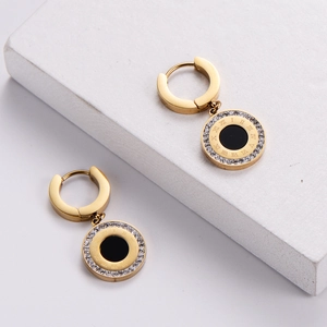 Elegant 18k gold plated roman numeral earrings with crystal inlay and black disc
