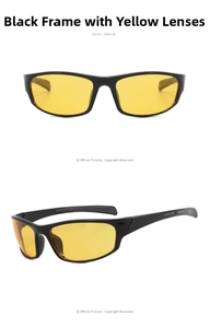 Detail view of sports cycling glasses with black ergonomic frame and yellow tinted lenses