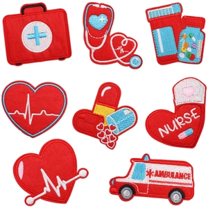 Detailed view of 8-piece medical embroidery patches including ambulance and nurse designs