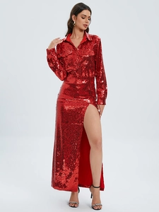 Elegant red sequin two-piece set featuring a long sleeve shirt and high slit maxi skirt