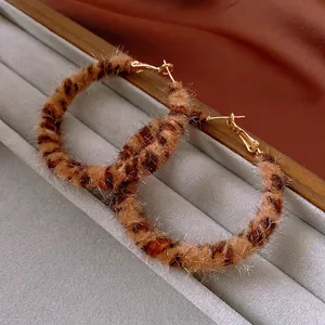Retro leopard print flocked hoop earrings with gold metal clasp for autumn winter fashion