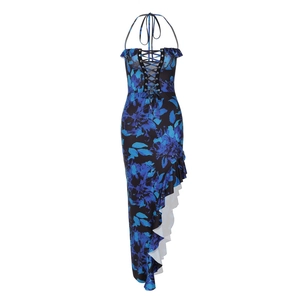 Abito estivo da donna con scollo all'americana, fiori blu e design con lacci
