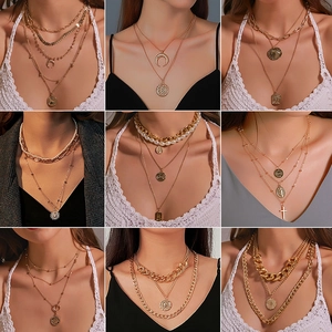 Multi Layer Necklace Alloy Faux Artificial Pearl Coin Portrait Moon Star Heart Cross Pendant Boho Retro Exaggerated Clavicle Chain