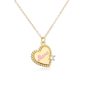 Detail of 18K gold plated heart necklace with pink Mama engraving and zircon stone