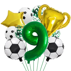 Football party balloon set with number nine, golden trophy, stars and soccer patterns