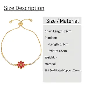 Detail view of red zircon flower bracelet with 18K gold plated copper chain specs