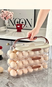 Three-layer clear PET egg organizer with auto-rolling slides and wide handle for kitchen