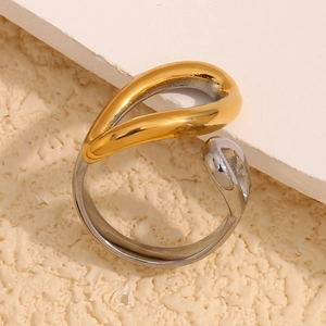Bague goutte bicolore minimaliste en acier inoxydable plaqué or 18 carats avec design ouvert