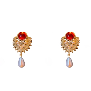 Vintage gold plated earrings with red gemstone and teardrop pearl pendants