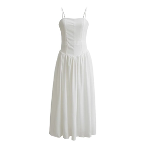 Elegant white sleeveless A-line maxi dress with lace trim and slim waist detail
