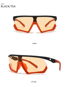 Detail view showing front and 45-degree side angles of sport sunglasses in black and orange