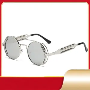 Round Steampunk Sunglasses Retro Metal Frame UV400 Protection Spring Temples Reflective Lens Gothic Industrial Style