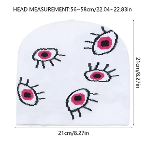 Detailed measurement view of white beanie with pink eye patterns, size 21x21cm for 56-58cm head