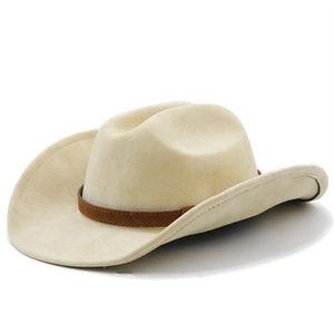 Classic cream suede western cowboy hat with brown leather band shown from a 45-degree angle