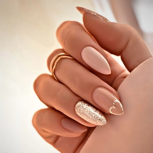 Heart Pattern French Press On Nails Nude Pink Gold Glitter Glossy Almond Shape Artificial Fake Nail Tips For Women DIY Manicure