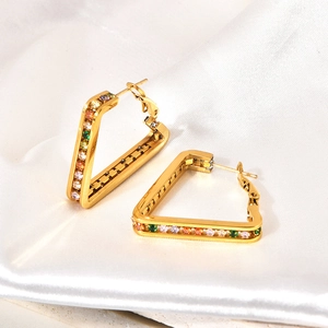 Elegant 18K gold plated triangle earrings with colorful crystals on white silk background