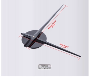 Detail of large DIY clock movement with 39cm and 31cm black metal hands on grey background