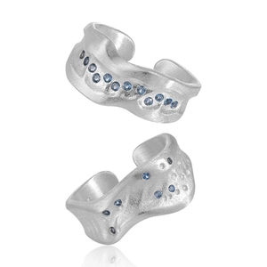 925 Sterling Silver Open Ring For Women Irregular Wave Design Brushed Texture Blue White Zircon Aesthetic Adjustable