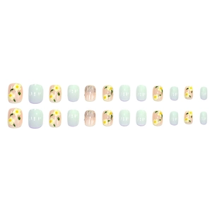Short round artificial nails with daisy floral prints, mint green, and silver glitter
