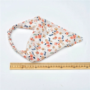 Floral print elastic triangle headscarf in cream white with colorful blossoms for women