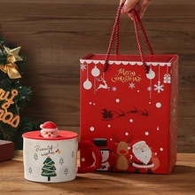 Close-up of Christmas ceramic mug with Santa lid and matching festive gift bag