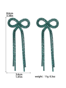 Detailed dimensions of dark green bow tassel earrings with sparkling rhinestones