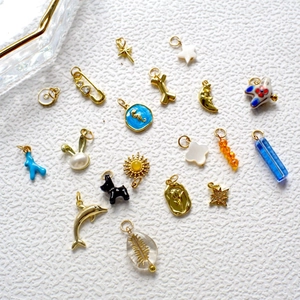 Assorted DIY jewelry charms featuring stars, animals and sea life on white textured background