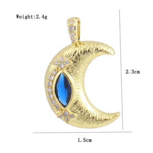 Detailed view of 18K gold crescent moon pendant with blue stone and size specs