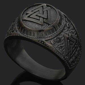 Vintage Thor's Hammer Valknut ring in matte black finish for men with Nordic runes